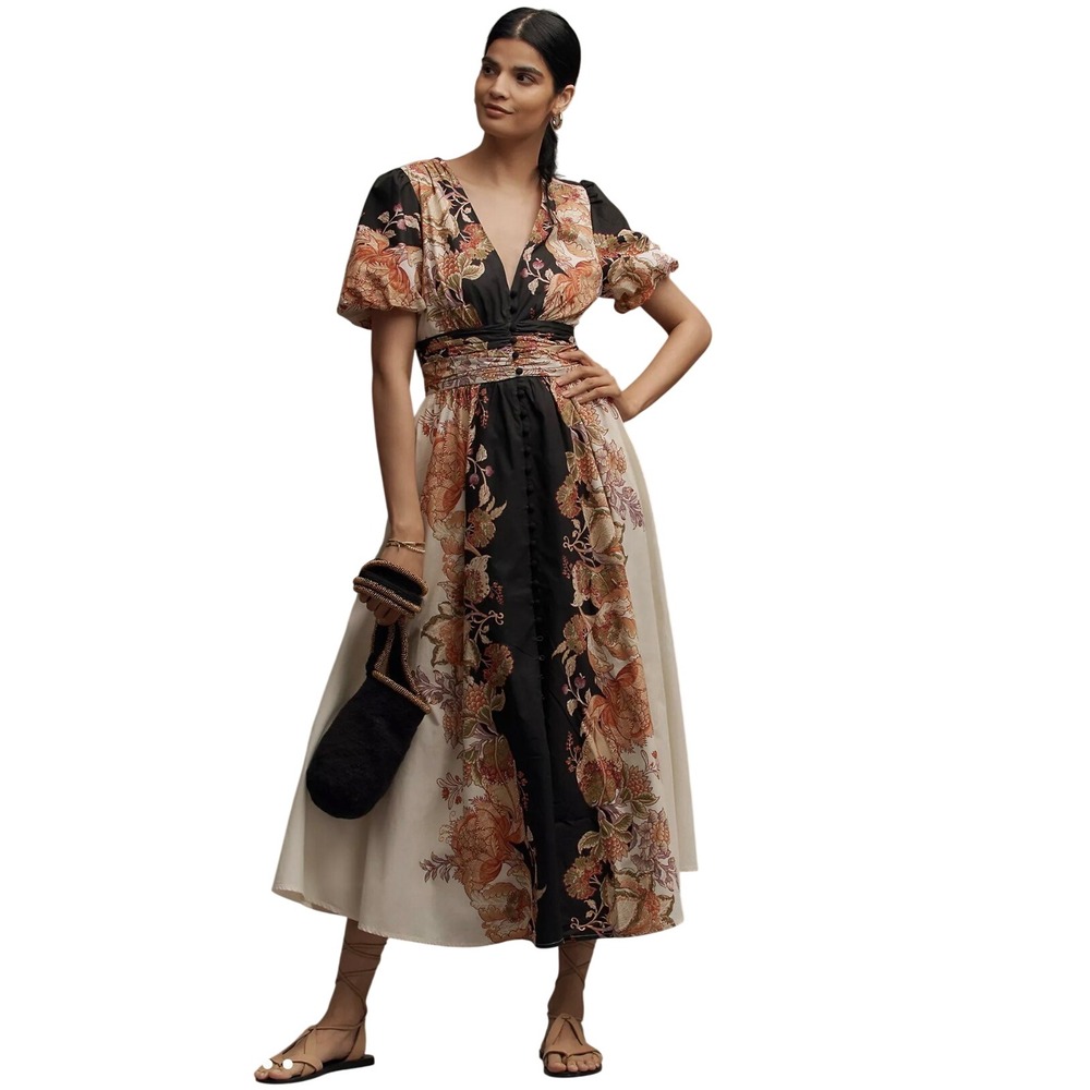 Anthropologie Katerina Dress M Black Floral HeyNasreen Button Front Boho Midi